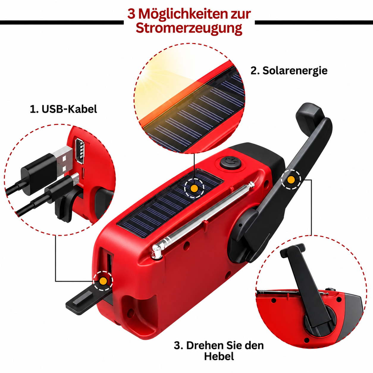 Kurbelradio mit Solarpanel und Powerbank-Funktion