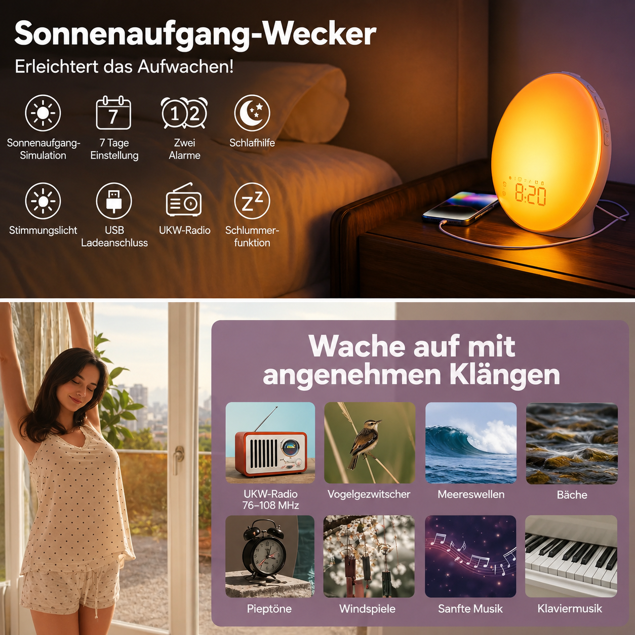 Digitaler LED-Lichtwecker mit App-Steuerung und Ladefunktion